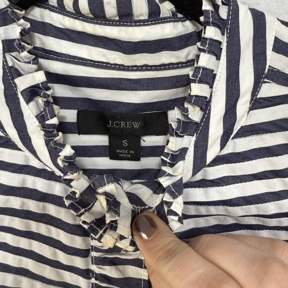 J Crew Shirt Womens Small Navy White Stripe Ruffle Trim Band Collar Long Sleeve - Picture 4 of 9